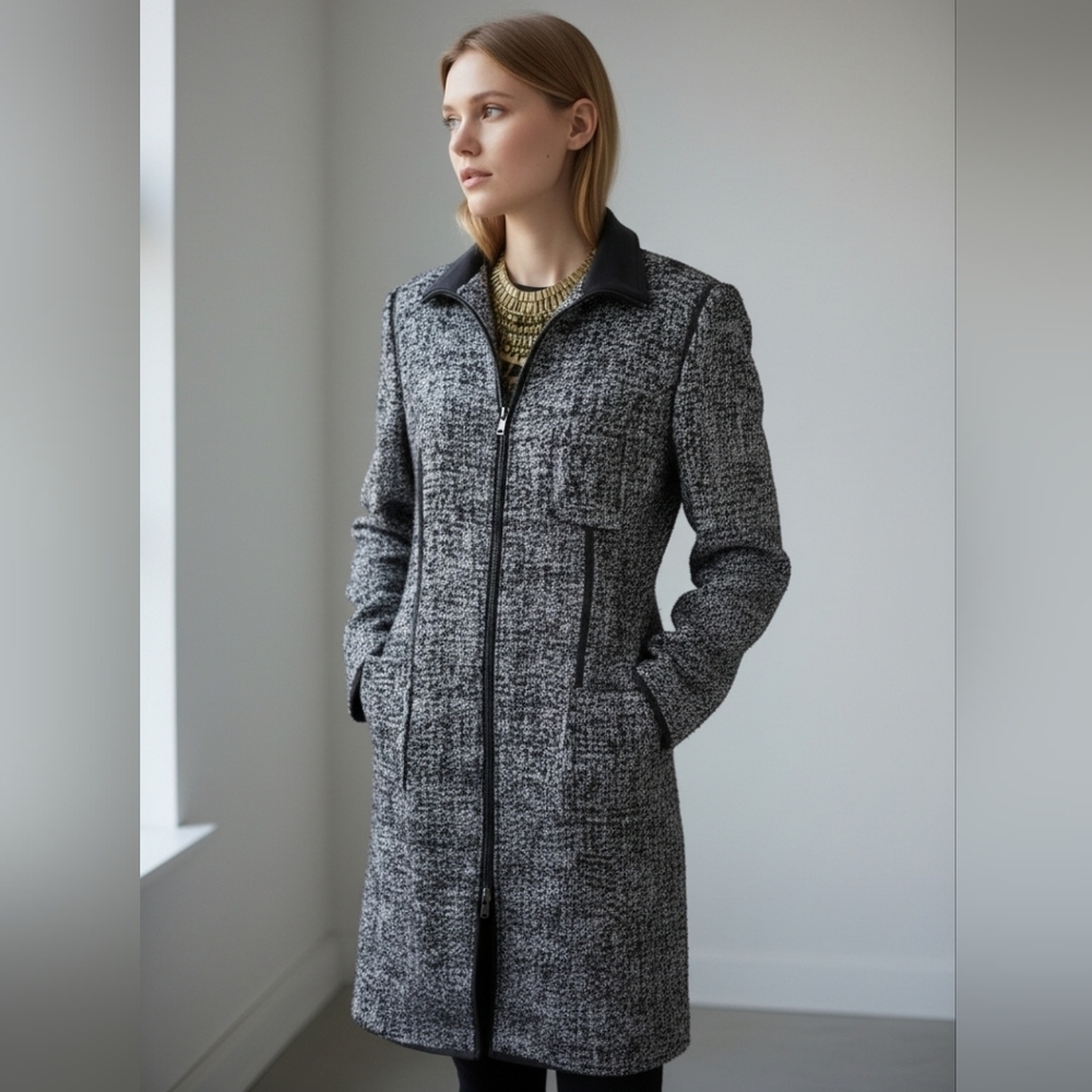 ATOS LOMBARDINI Tweed leather Trim  coat. Size 46